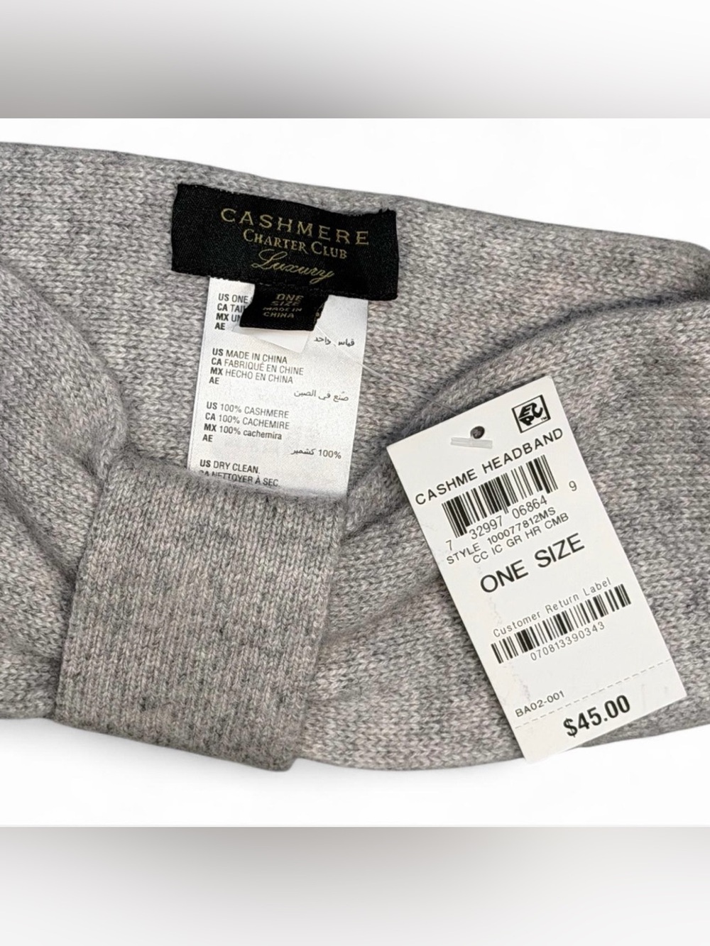 Gray Charter Club Cashmere Headband NWT
